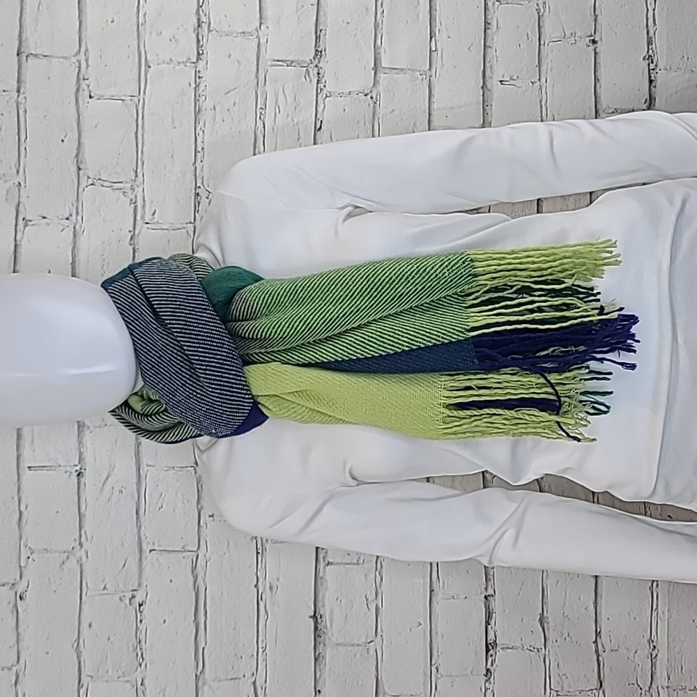 Wrapables Cozy Winter Warm Plaid Knit Scarf w/Fringe Trim in Green/Yellow/Blue